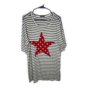 HEIMISH USA Women’s Blue and White Striped Stretchy Tee with Red Star Size L